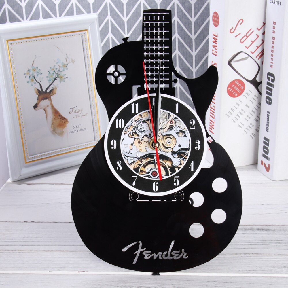 Guitar Shape Wall Clock Vinyl Record Wall Clock Living Room Wall Hanging Clock (without Lamp Shipment without Battery): Black 4