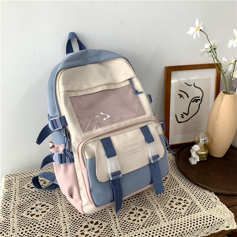Mochila de Nylon impermeable de gran capacidad para mujer, bolso de viaje coreano para chica joven, bolsillo transparente, mochila escolar con hebilla de inserción, novedad de: blue / Only backpack