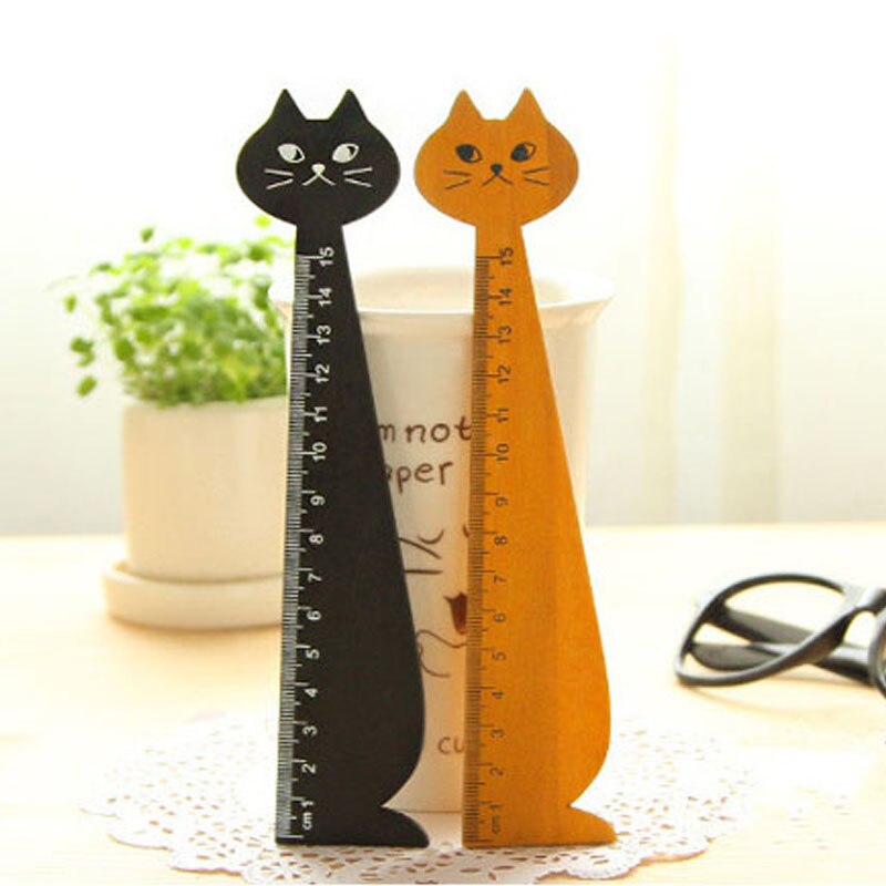 1PCS Wood Straight Ruler 15cm Black Yellow Lovely Cat Shape Ruler for Kids Student Stationery Office School Supplies
