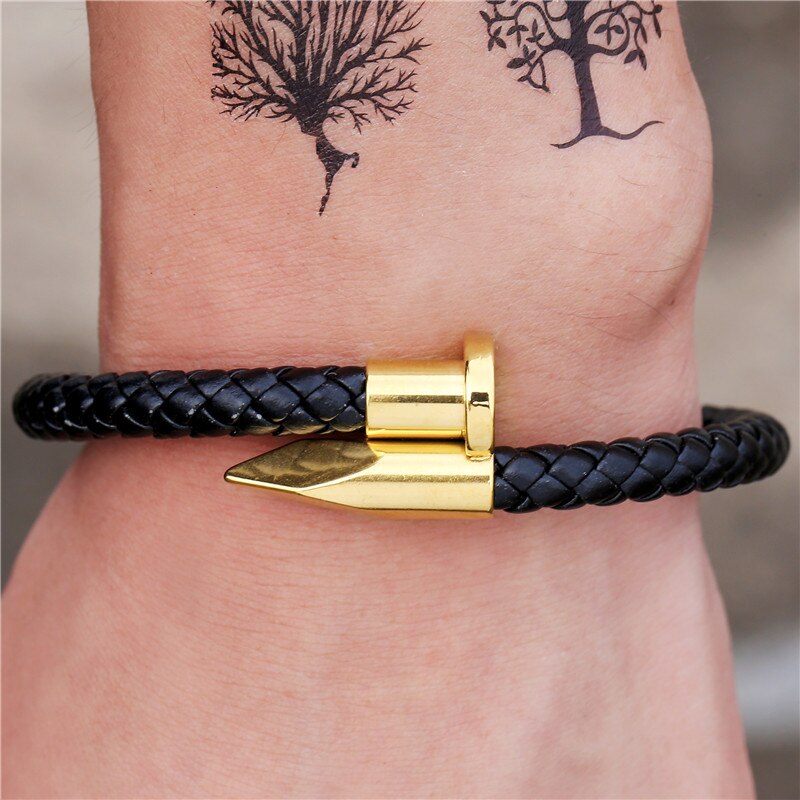 Nagel Vorm Bedels Gevlochten Zwart Lederen Armband Punk Mannen Sieraden Stainlee Stalen Metalen Sieraden