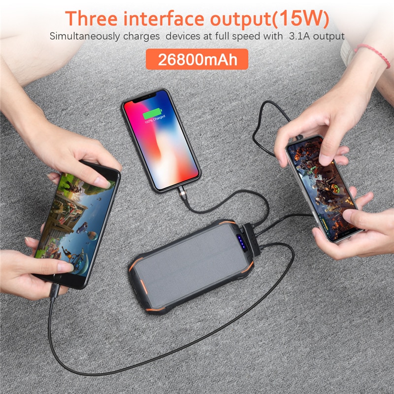 Fast Qi Wireless Charger Solar Power Bank 26800mAh For iPhone Samsung Powerbank with LED Flashlight Solar Waterproof Poverbank