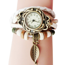 Vrouw Armband Horloge Lederen Band Leaf Hanger Ladie Horloge Retro Eenvoudige Quartz Lady Klok Relogi montre dames horloges # W