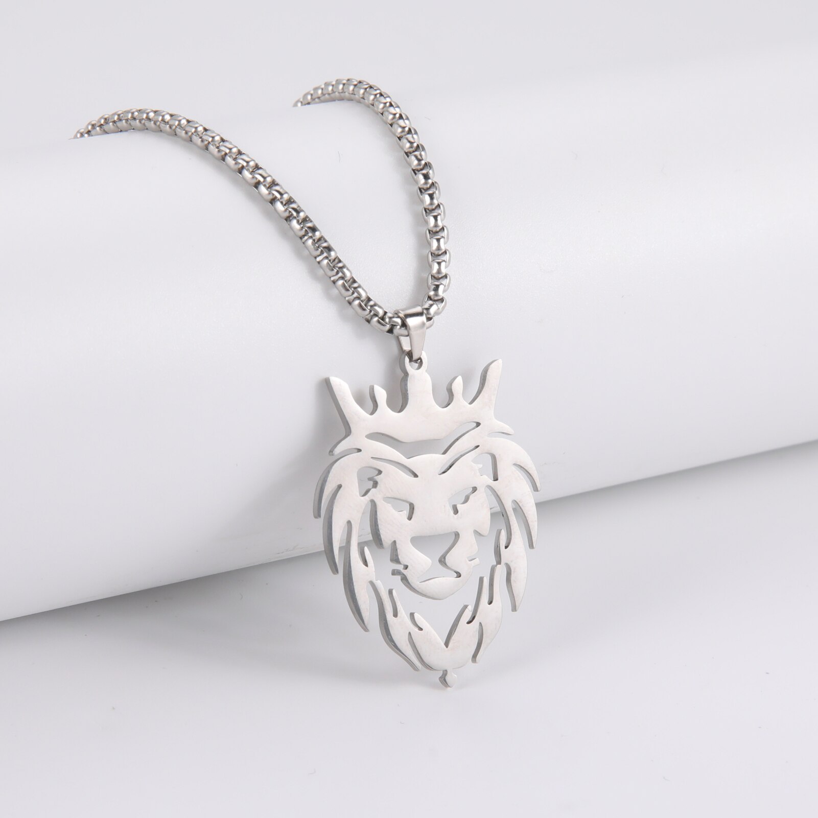 Stainless Steel Lion With King Crown Necklaces Animal Pendant Men's Box Chain Choker Necklace For Women Jewelry Party Men: RED-BROWN