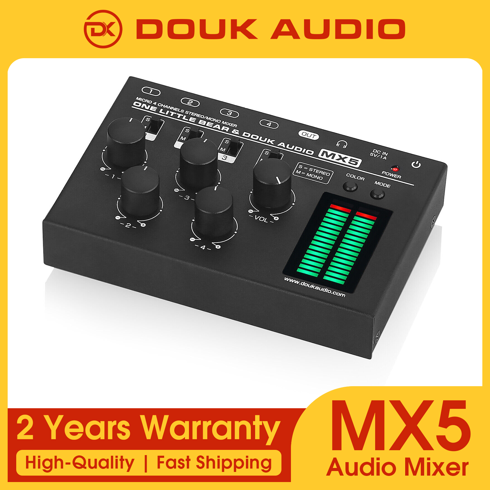Douk Audio MX5 Mono/Stereo 4 Channel Audio Mixer Ultra Low-Noise Line Mixer 6.35/3.5mm LED Level Meter for Club/Studio DC5V