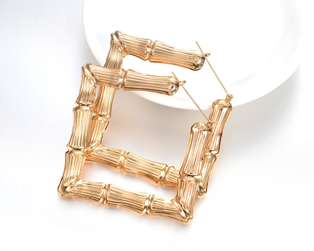 Hip Hop Gold Color Metal Large Square Bamboo Earrings Big Circle Bamboo Joint Hoop Earrings For Women Jewelry Party