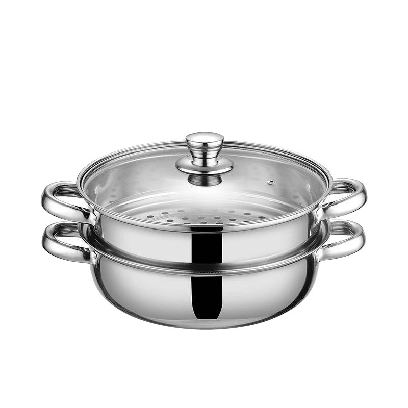 1 Pcs 28Cm Multifunctionele Stoom Pot Dubbele Lagen Soeppan Roestvrij Staal Stoomboot Koken Boiler Kookgerei, Zilver