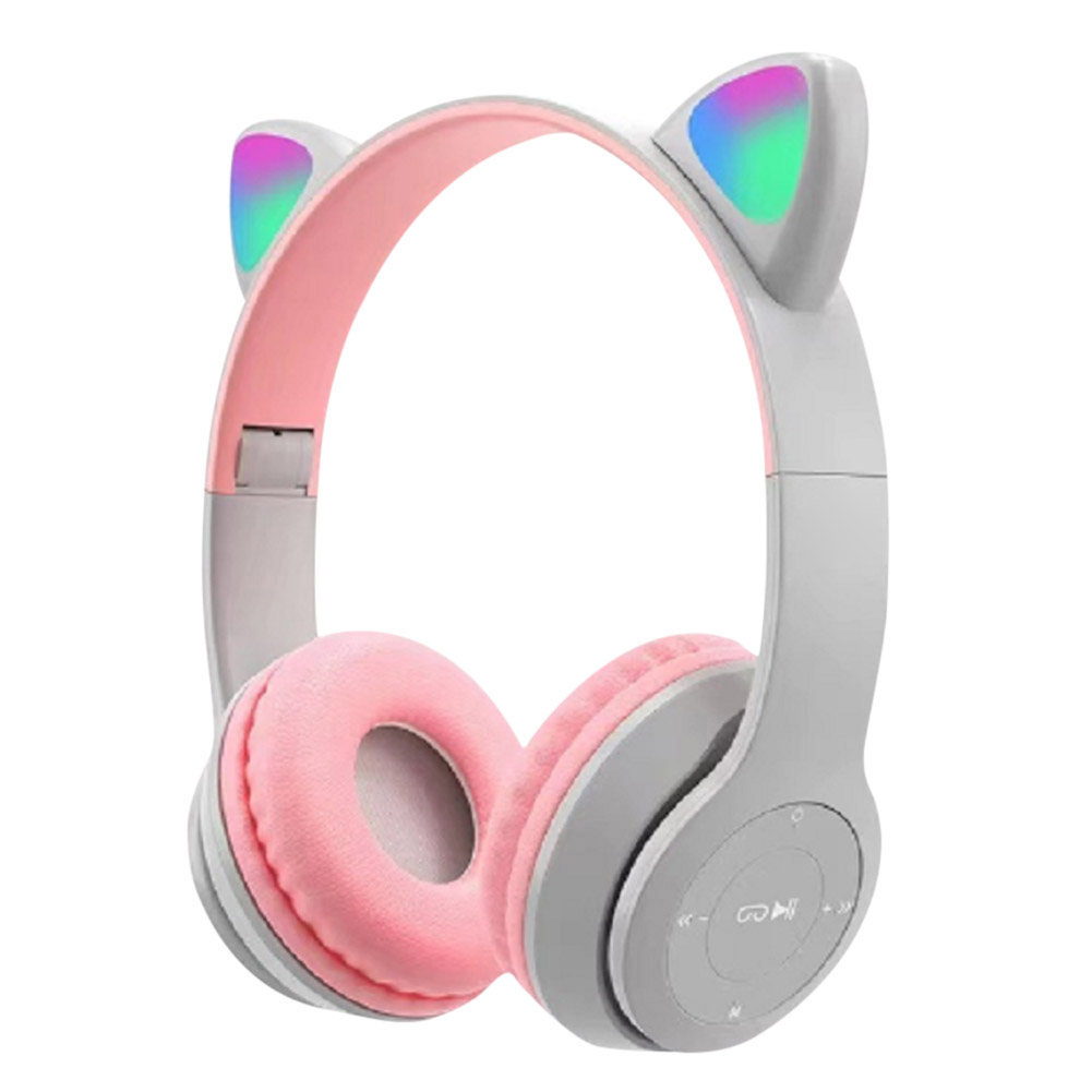 Trådlösa spelhörlurar med kattöra, lysande ljus, bluetooth-kompatibla hjälmar, stereobas, over-ear-headset för pc och telefon: Svart