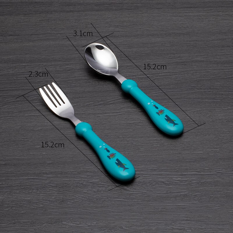 Juego de cuchara y tenedor para bebé, cubiertos de acero inoxidable de seguridad para alimentación de niños, utensilio de dibujos animados, vajilla infantil, 2 piezas: Light blue-straight