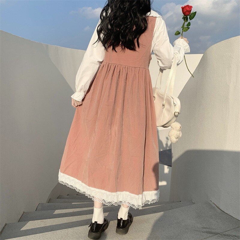 Japanese Style Dress for Women Autumn and Winter Small Sweet Gentle Cute Fairy Suspender Dress Mori Style Retro Long Dress