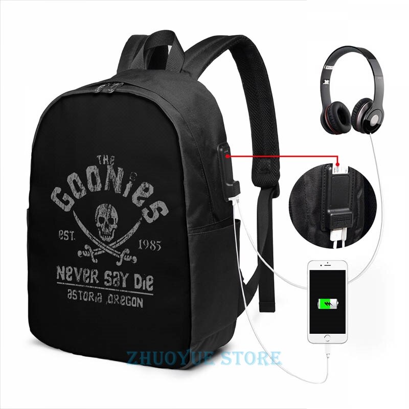 Les Goonies-Jamais Dire Mourir-Gris Noir USB Charge Sac À Dos hommes sacs D'école Femmes sac De Voyage pochette d'ordinateur: USB Backpack 17 in