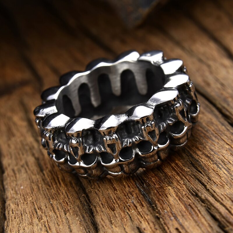 Vintage Solid 316L Rvs Skull Biker Ring Mannen Pave Skelet Ronde Bands Punk Ringen Mannelijke Gothic Sieraden