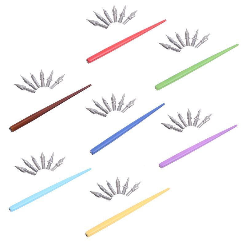 Wooden Manga Comic English Calligraphy Fountain Dip Pen with 6 Nibs Kit for Lettering Sketching Drawing