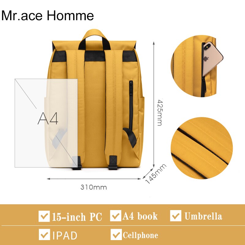 Gele Kleur Grote 15 Inch Laptop Rugzak Vrouwen School Rugzak Mannen Waterdichte College Tas Voor Meisje Grote Reizen Bagback jongen