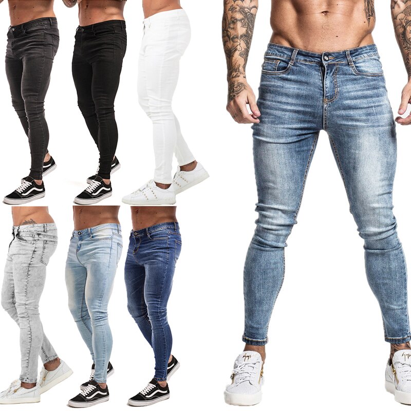 GINGTTO Jeans Men Elastic Waist Skinny Jeans Men Stretch Ripped Pants Streetwear Mens Denim Jeans Blue