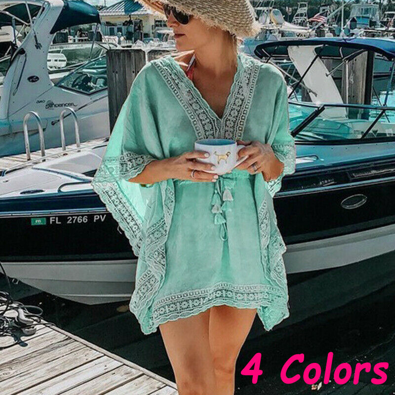 Boho strand kvinde blonder hæklet hul mini cover-ups kjole elastisk samle talje badetøj kaftan batwing badedragt dække op