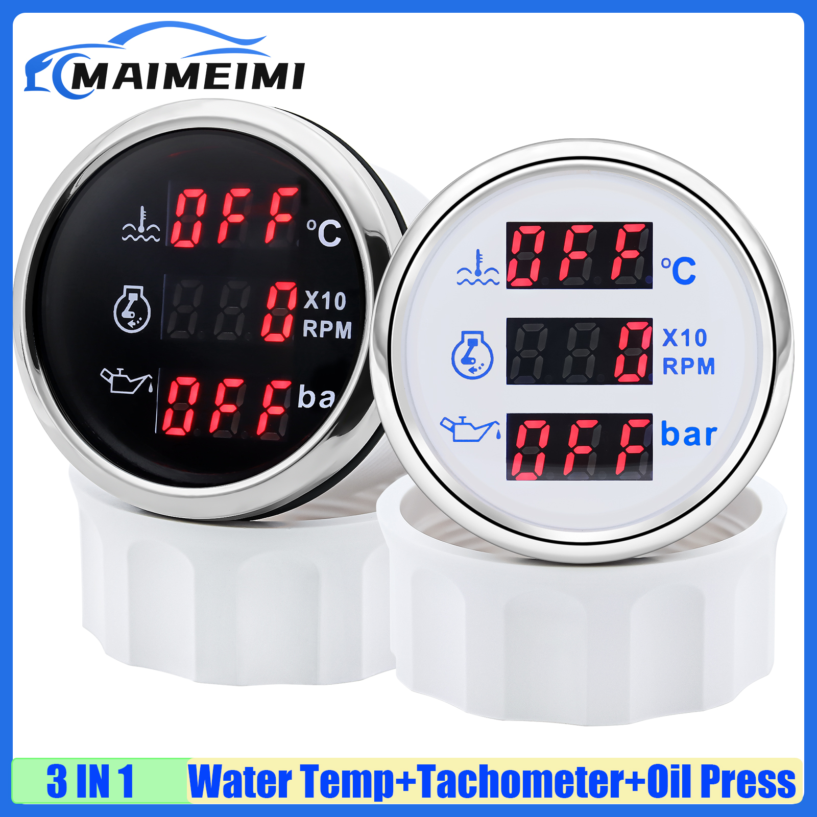 Digital 3 in 1 52mm -vägs vattentemperaturmätare + varvräknare + oljetrycksmätare med larm, rött ljus för bil och båt 12v 24v anpassad