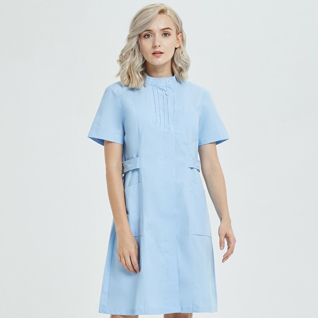 Enfermera verano ropa de trabajo de manga corta cuello redondo invierno de manga larga Hospital Médico farmacia belleza salón uniformes bata de laboratorio: Blue / XL