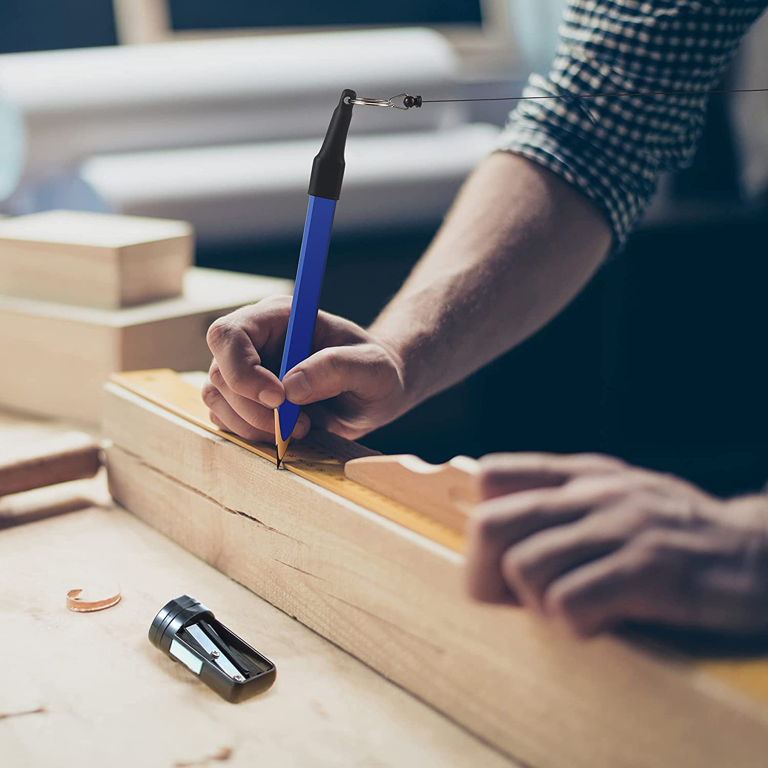 14-delige timmermanspotloodset, platte achthoekige harde zwarte timmerman markeerpotloden met puntenslijper intrekbare pennenhouder