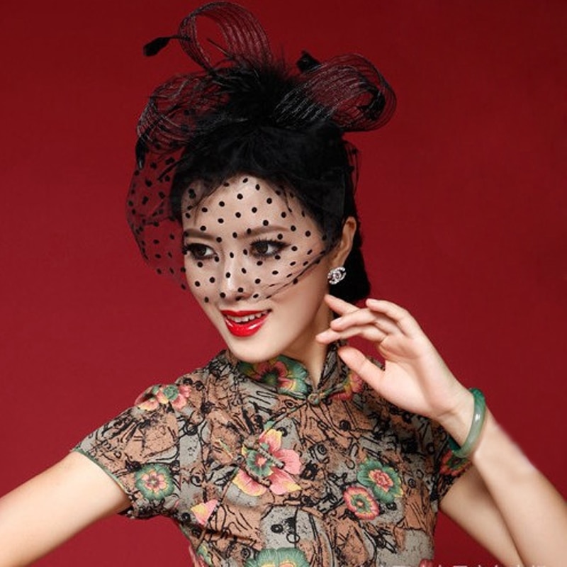Elegante preto feminino chapéus de noiva e fascinadores headpiece senhora rosto véus dot net com lssuing bandana acessórios de casamento