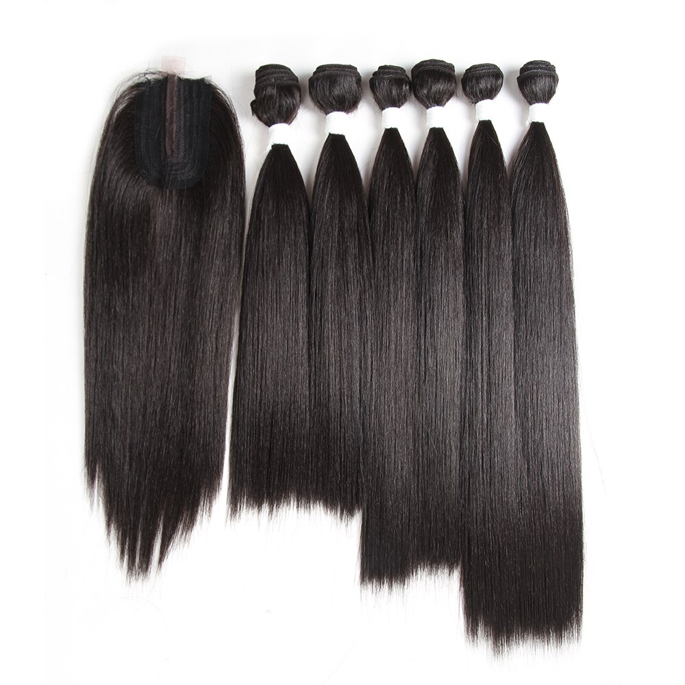 Highlight Synthetic Hair With Lace Closure Weave Bundles Weave Hair Extension Yaki Straight 6 Bundles With Closure SOKU: #2