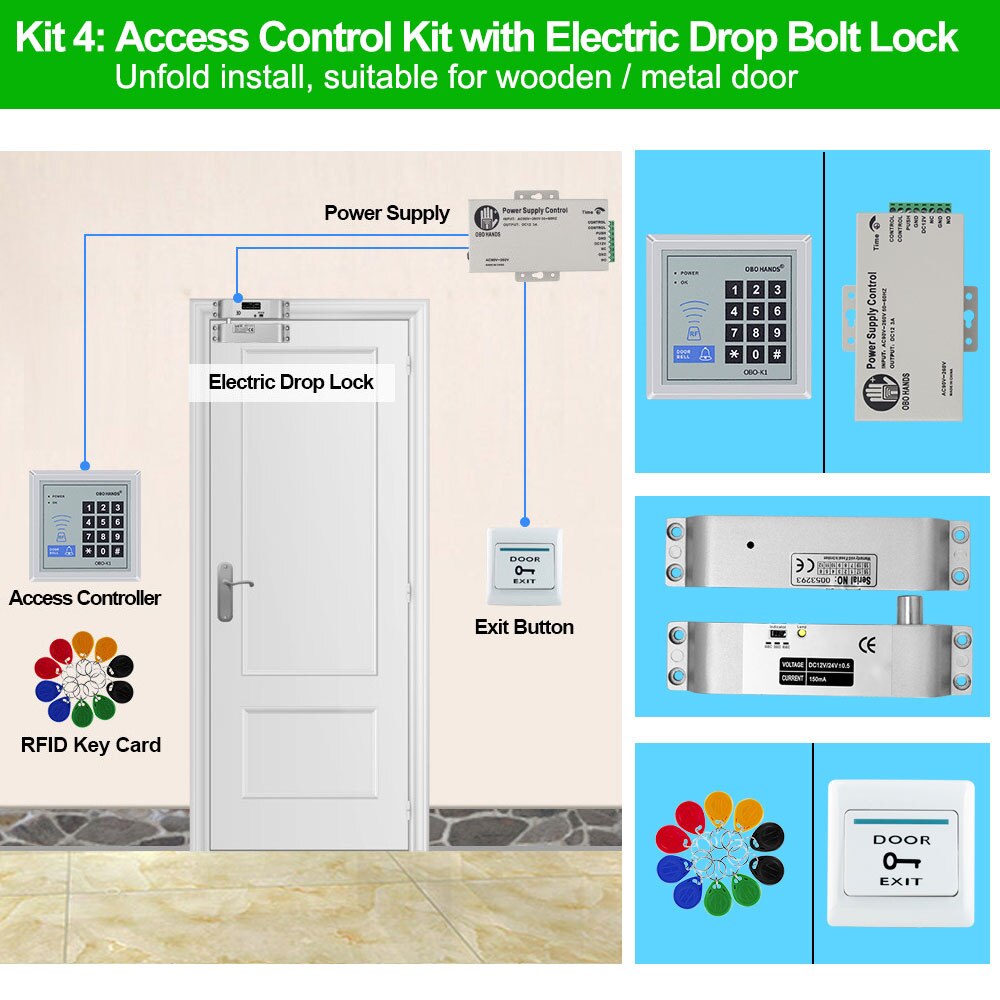 Full RFID Door Entry Access Control System Kit Set DC12V 1000 User 125KHz with Electric Magnetic Lock Strike Bolt Lock for Gate: Kit4 with Bolt Lock