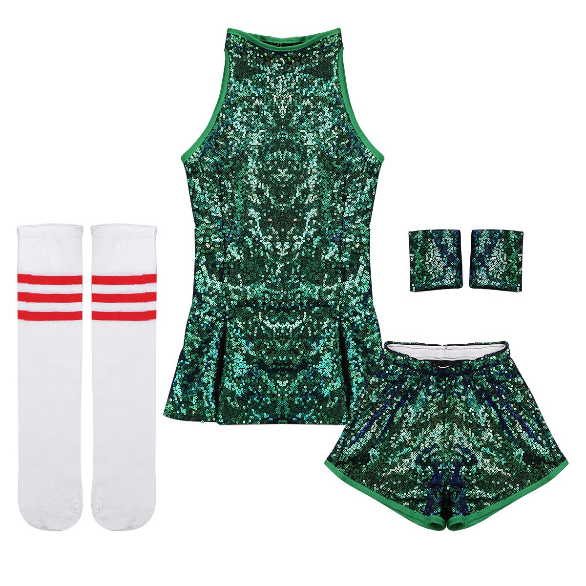 Ragazze dei capretti Cheerlearleading Costumi Shiny Paillettes Magliette E Camicette con Shorts Da Polso-Maniche A Righe e Calzini E Calzettoni Set Cheerleader Vestiti