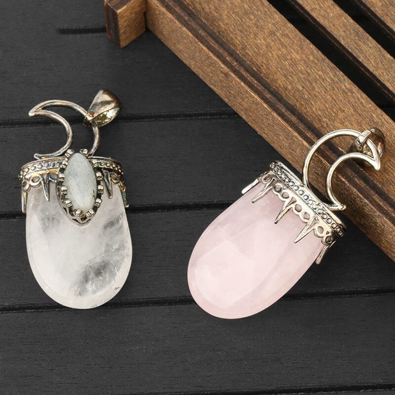 Natural Stone Crystal Pendants Necklace Antique Purple Pink Quartz Necklace Jewelry Crown Moon Charm Valentine's Day