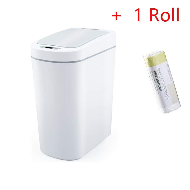 Ninestars slimme prullenbak met bewegingssensor, automatische afdichting, led-inductiedeksel, 7l asbakken, ipx 3 waterdicht: Wit en 1 rol