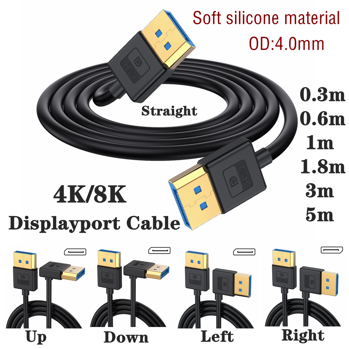 90-Grad rechtwinkliges Displayport 1.4-Kabel DP-Stecker auf Displayport-Stecker Silikonkabel mit 8K/60Hz, 4K/144Hz-Unterstützung 0,3 m 1 m 5 m