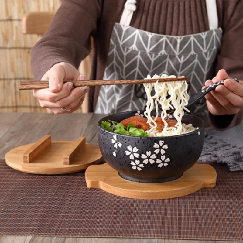 Japanse Kom Instant Noedels Servies Eetkamer Servies Salade Keramische Kom Brengen Houten Lepel Houten Eetstokje