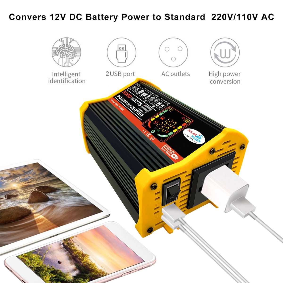 6000w strömriktare modifierad sinusvåg lcd-skärm  dc 12v till  ac 220v dubbla usb-biltransformatorer konvertera eu-uttag
