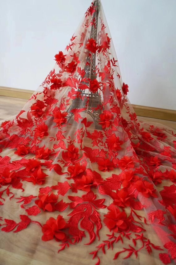 Tejido de encaje rojo bordado pesado con flores 3d Súper delicado vestido de lujo última boda francés africano falda de encaje swing,: 1red