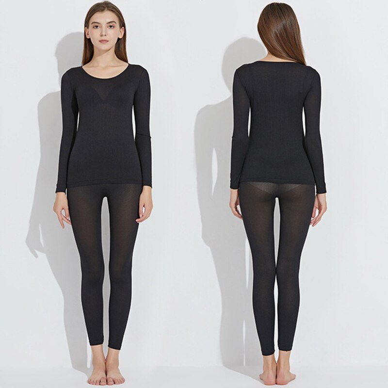 Winter Cotton Thermal Underwear Set Female Warm Ultrathin Elastic Seamless 37 Degree Constant Long Johns For Women Clothing: Black