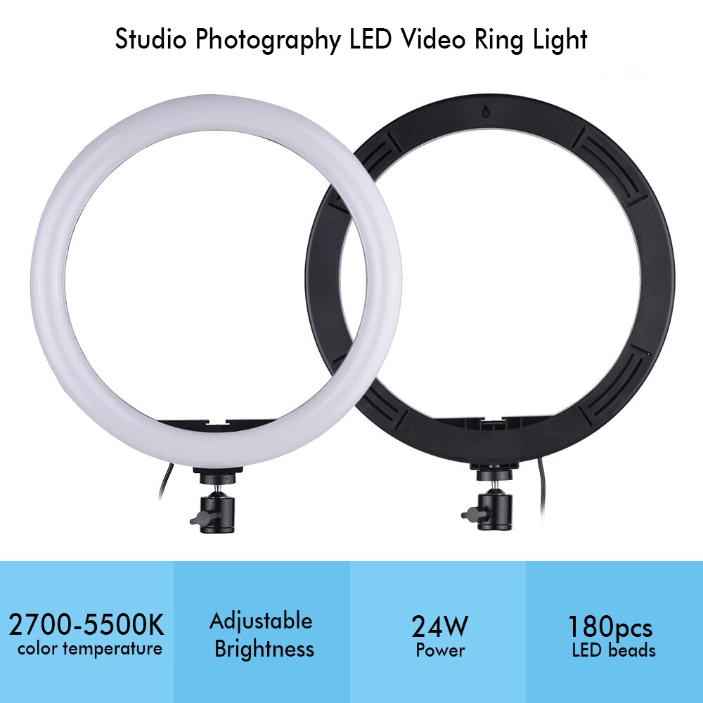 24W Dimmable 2700-5500K Photo Studio LED Video Ring Light Lamp w/ Light Stand 2pcs Ball Heads for iPhone Samsung Huawei Xiaomi