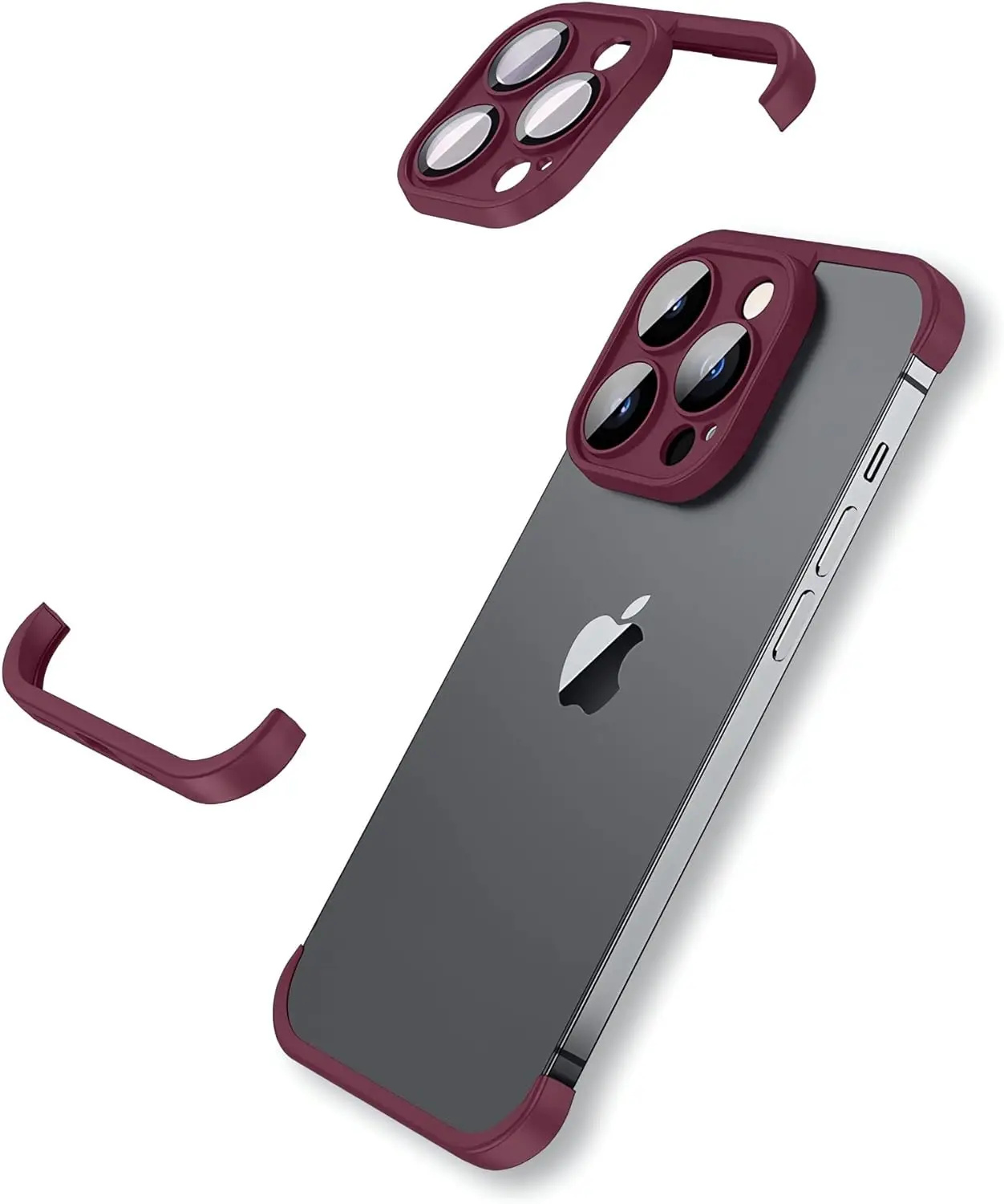 Titanium Gray Frameless Camera Lens Protector TPU Bumper Phone Case Cover For iPhone 16 15 Pro Max 14 Plus 13 12 11 14 15 13 Pro: aluminum / wine red