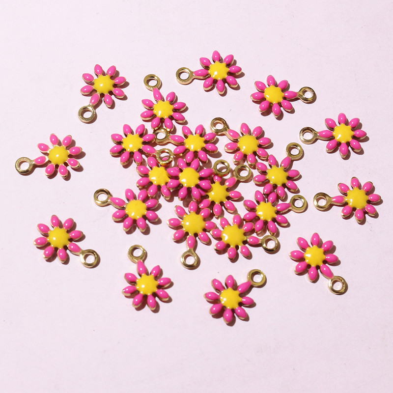 20 unidades, colgante de 10x7mm de flores pequeñas, colgante de esmalte de acero inoxidable, accesorios para hacer joyas DIY, accesorios para collar, pendientes: Rodio plateado