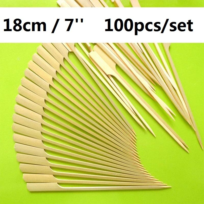 100 pz 18cm/7 "pagaia di bambù scegliere spiedini bastoncini di torrefazione per frutta BBQ griglia stuzzicadenti usa e getta piatto di legno antipasto spiedino