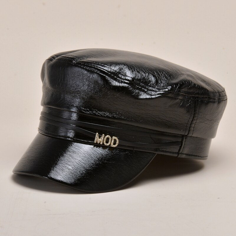 Efterår klassisk britisk stil kunstlæder beret hue glitter kvinder nyhedsdreng marineblå hat sømand hat kaptajn cap rejse kadet hat: Sort