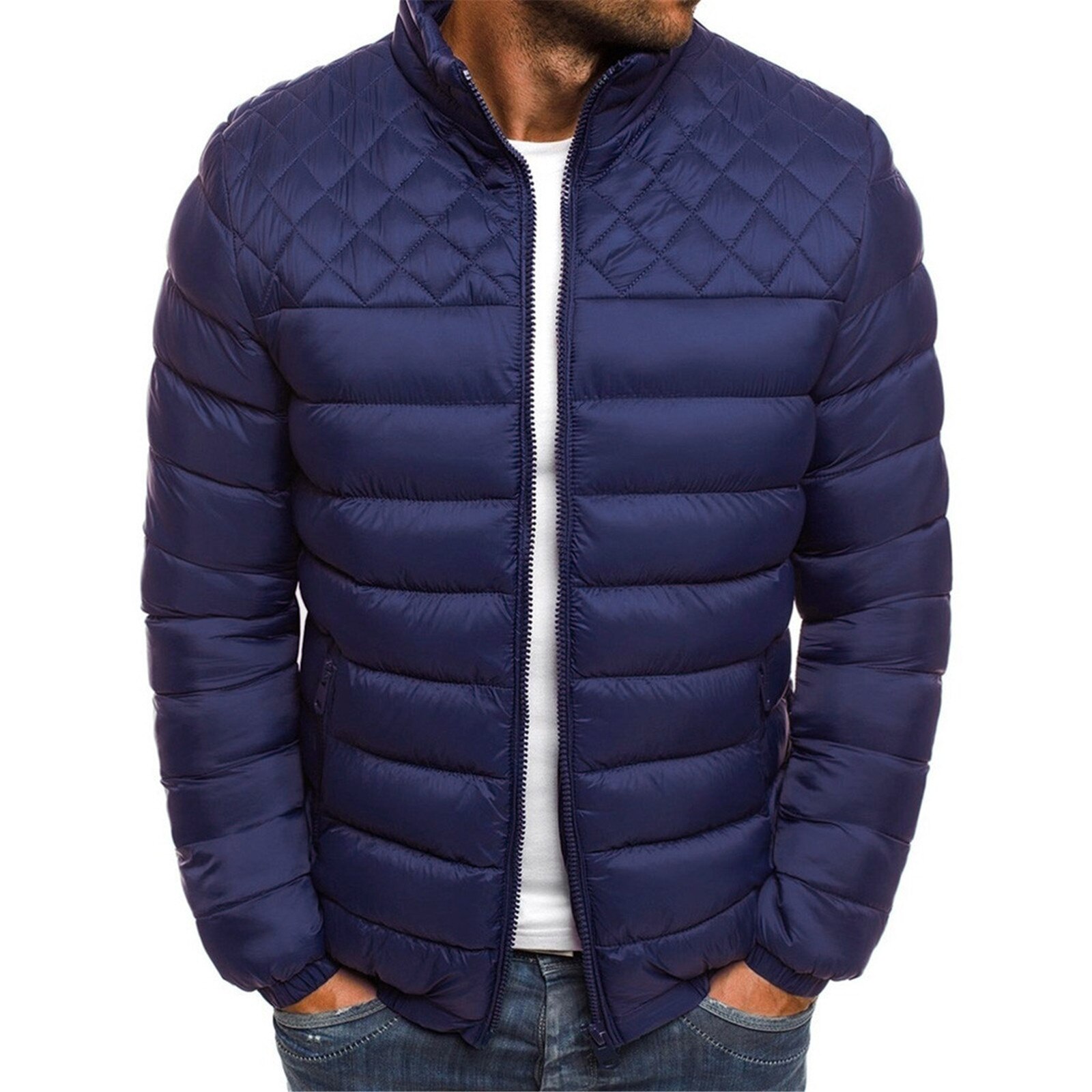 Men's Autumn Winter Zipper Warm Down Jacket Packable Light Top Coat: Dark Blue / M