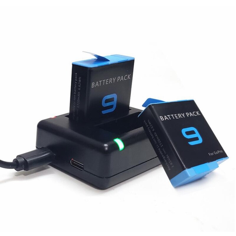 1720 mah hero 9 full decode -akku+micro usb/c-tyypin kaksoislaturi gopro hero 9: lle, musta ladattava litiumioniakku