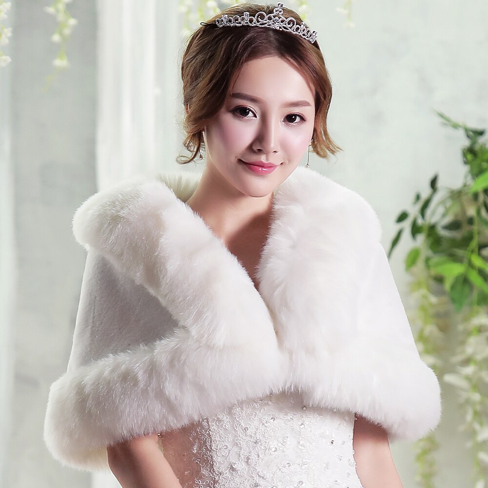 Ivory Winter Warm Wedding Bride Women Faux Fur Wrap Thermal Dinner Party Coat Bridesmaid Keep-warm Thicken Lady Cape