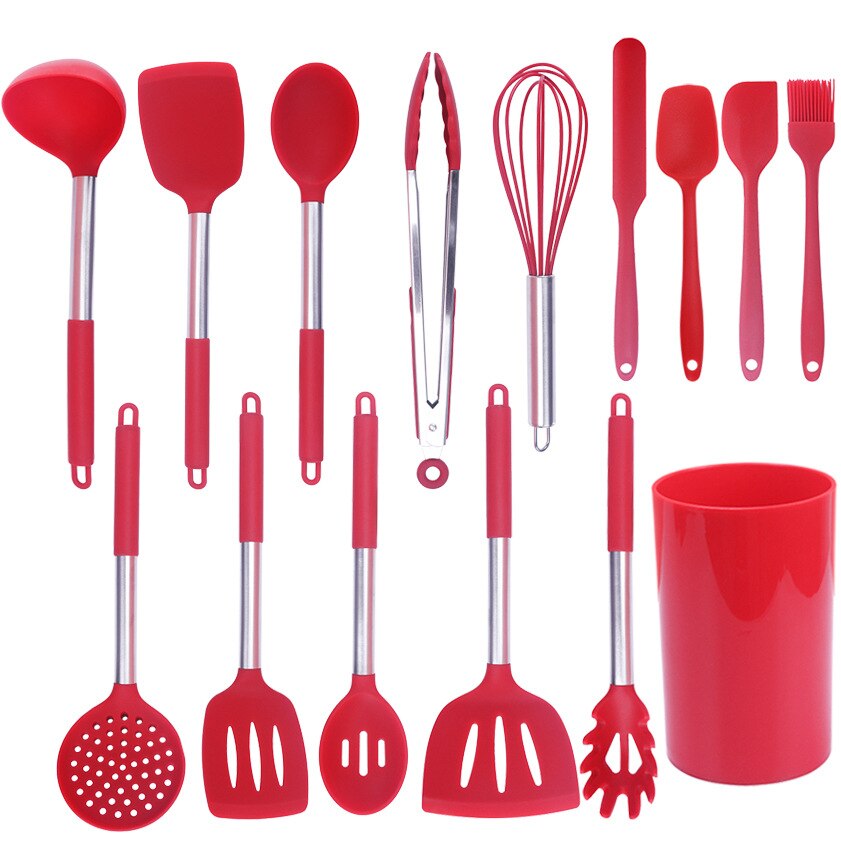 15Pcs Cooking Utensils Set Stainless Steel Silicone Kitchen Utensil Set Non-stick Spatula with Storage Box Cooking Tools: Red