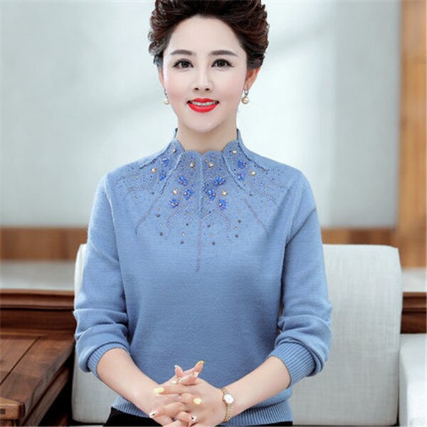 Cashmere sweater kvinder halv rullekrave strikket sweater midaldrende mor bunden varme pullovere hel sweater 1656: Blå / L