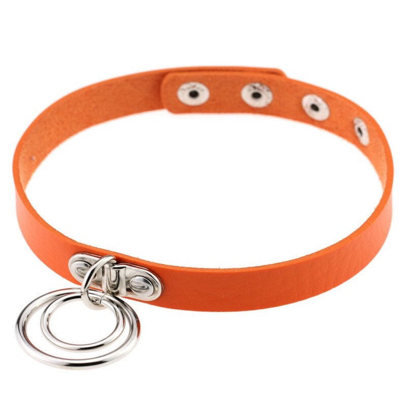 Popular Choker Collar Necklace Double Ring O Leather Gothic Bracelet Women: orange