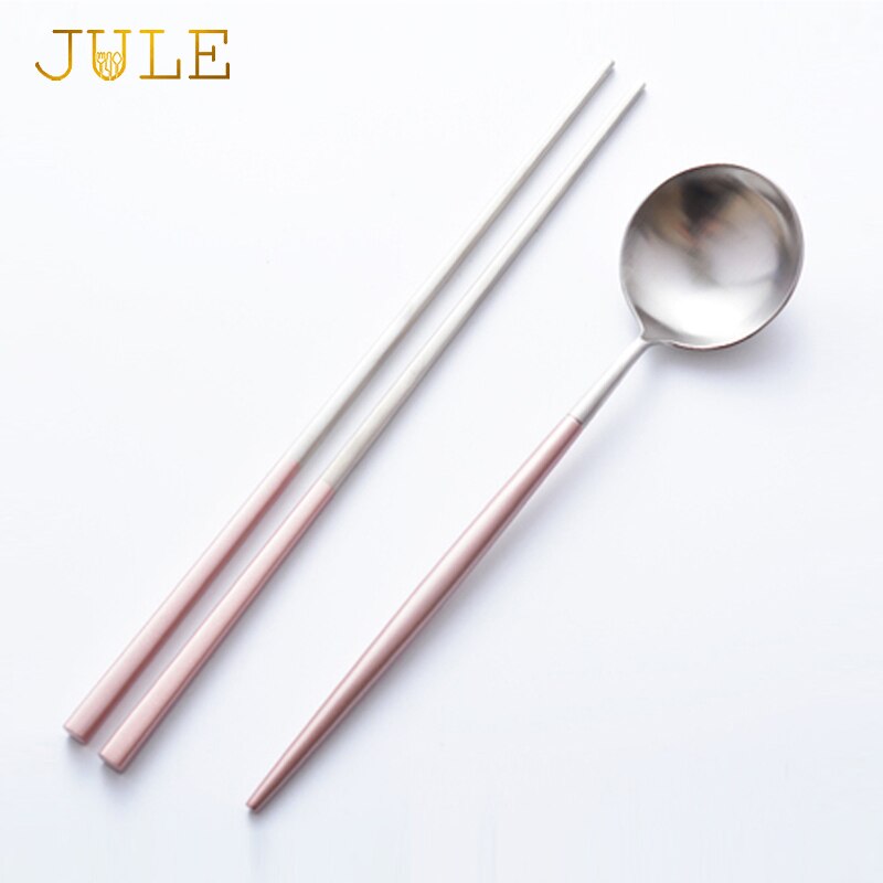 Korea 18/10 Stainless Steel Korean Pink Chopsticks Spoon Set Dessert Spoons Long Handle Chinese Chop Sticks Sets Dinnerware