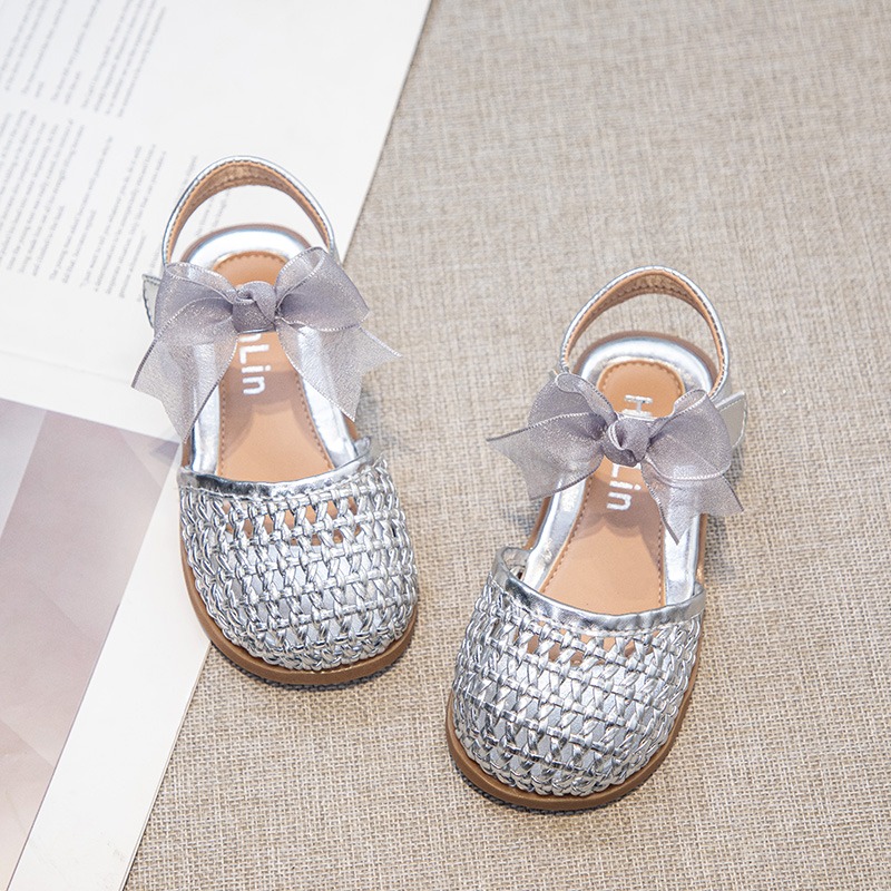 Gevlochten sandaal voor meisjes Prinses Zomerschoen Kind Zachte zool Dichte tenen Vlinder Strandschoen Kinderen Vrijetijdsschoen Beige Bruin Zilver