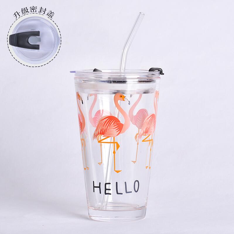 500ml flamingo dyrekarton glas vandflasker familie digitalt glas målekop mælk kaffeglas kop med låg te halm krus: Flamingo