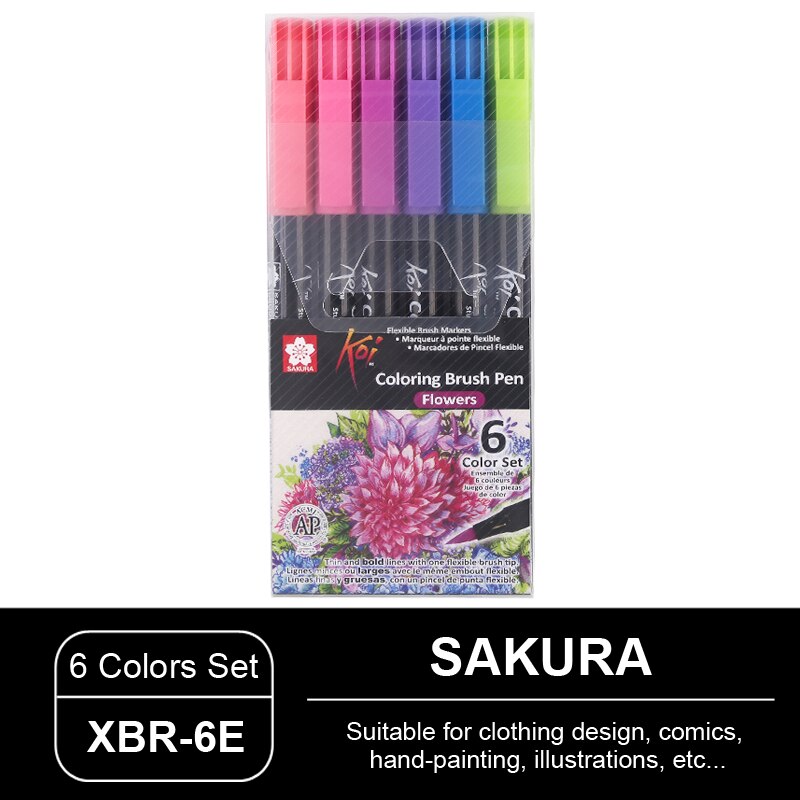 Juego de plumas de acuarela para colorear, pluma de cabeza suave de SAKURA de Japón, XBR, ilustración de cómic pintada a mano, secado rápido sin olor: XBR-6E