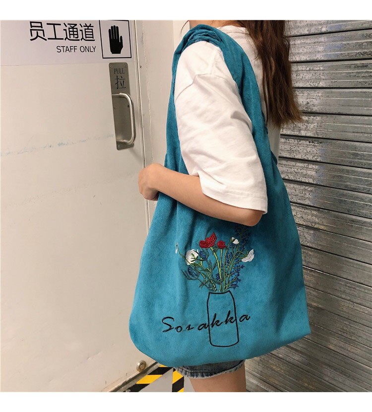 Vrouwen Borduren Canvas Boodschappentassen Dame Corduroy Schoudertas Grote Capaciteit Eco Katoenen Doek Handtas Tote: blue