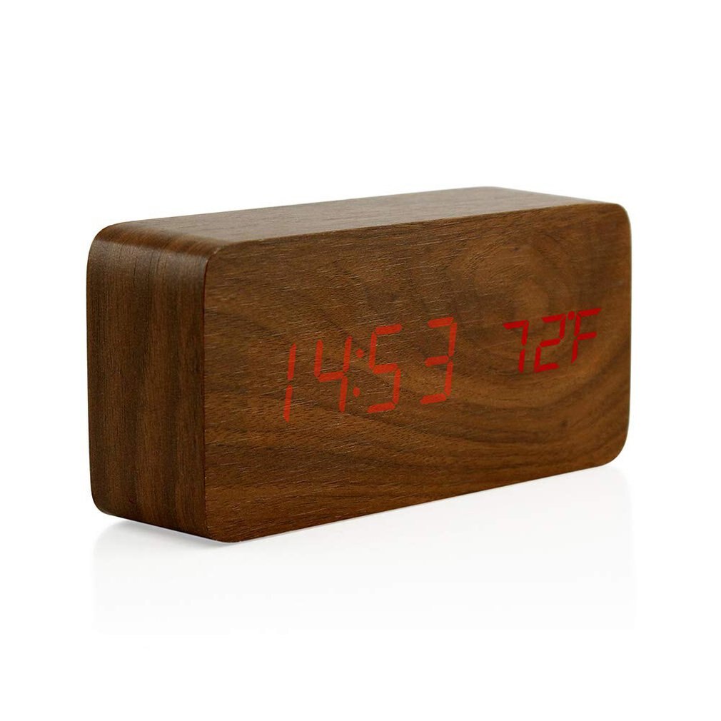 LED Wooden Alarm Clock Watch Table Voice Control Digital Wood Despertador Electronic Desktop USB Powered Clocks Table Decor: brown